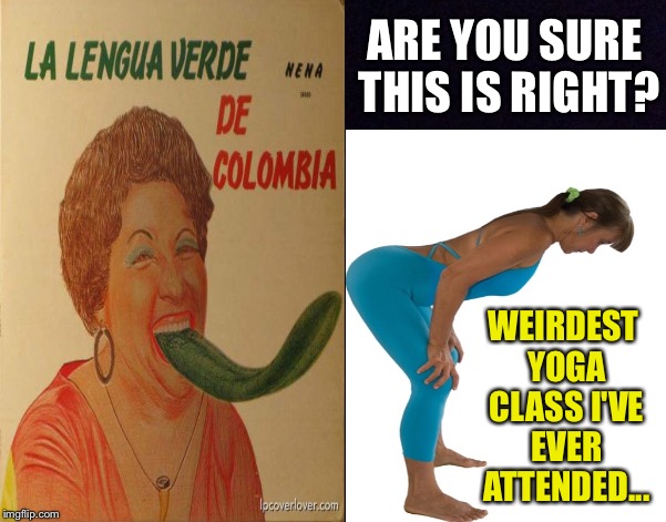 Note to self : Do not let my wife sign up for Colombian yoga classes. | ARE YOU SURE THIS IS RIGHT? WEIRDEST YOGA CLASS I'VE EVER ATTENDED... | image tagged in bad album art,music,yoga,class,tongue,exercise | made w/ Imgflip meme maker