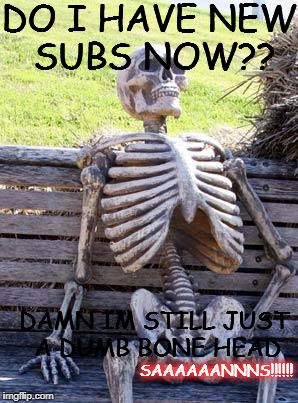 Waiting Skeleton Meme | DO I HAVE NEW SUBS NOW?? DAMN IM STILL JUST A DUMB BONE HEAD; SAAAAAANNNS!!!!!! | image tagged in memes,waiting skeleton | made w/ Imgflip meme maker