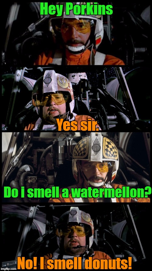 If you want more donuts, go to Dunkin Donuts! |  Hey Porkins; Yes sir. Do i smell a watermellon? No! I smell donuts! | image tagged in star wars porkins,watermelon,do i smell a watermellon,donuts,dunkin donuts,star wars | made w/ Imgflip meme maker