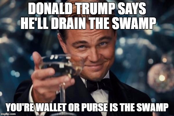 Leonardo Dicaprio Cheers Meme | DONALD TRUMP SAYS HE'LL DRAIN THE SWAMP; YOU'RE WALLET OR PURSE IS THE SWAMP | image tagged in memes,leonardo dicaprio cheers | made w/ Imgflip meme maker