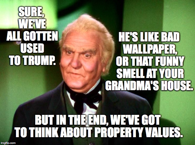 The Wizard of Oz weighs in | SURE, WE'VE ALL GOTTEN USED TO TRUMP. HE'S LIKE BAD WALLPAPER, OR THAT FUNNY SMELL AT YOUR GRANDMA'S HOUSE. BUT IN THE END, WE'VE GOT TO THINK ABOUT PROPERTY VALUES. | image tagged in wizard of oz wizard,trump,wizard of oz,memes | made w/ Imgflip meme maker
