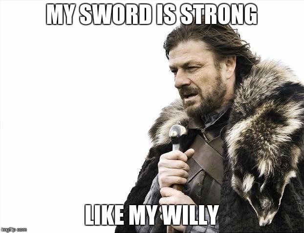 Brace Yourselves X is Coming | MY SWORD IS STRONG; LIKE MY WILLY | image tagged in memes,brace yourselves x is coming | made w/ Imgflip meme maker