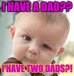 Skeptical Baby Meme | I HAVE A DAD?? I HAVE TWO DADS?! | image tagged in memes,skeptical baby | made w/ Imgflip meme maker