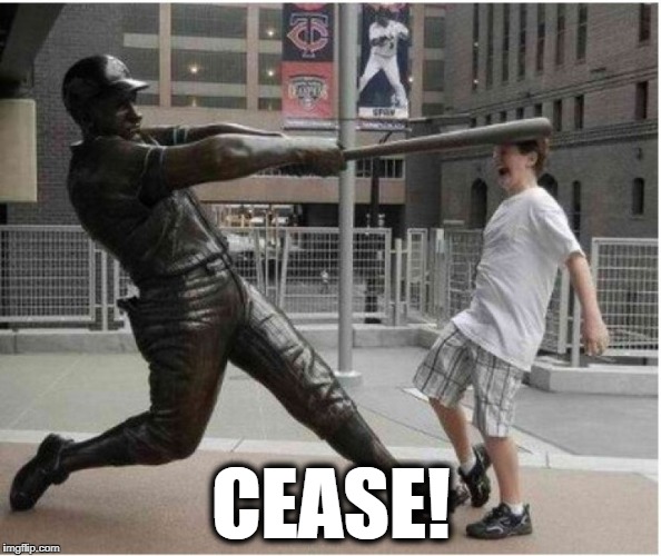 Baseball statue | CEASE! | image tagged in headshot | made w/ Imgflip meme maker