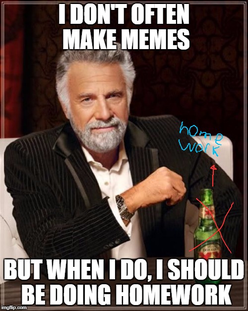 The Most Interesting Man In The World Meme | I DON'T OFTEN MAKE MEMES; BUT WHEN I DO, I SHOULD BE DOING HOMEWORK | image tagged in memes,the most interesting man in the world | made w/ Imgflip meme maker