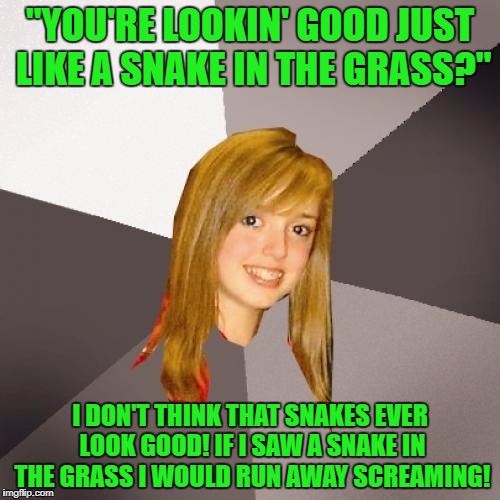 Don't bring me down, groos? | "YOU'RE LOOKIN' GOOD JUST LIKE A SNAKE IN THE GRASS?"; I DON'T THINK THAT SNAKES EVER LOOK GOOD! IF I SAW A SNAKE IN THE GRASS I WOULD RUN AWAY SCREAMING! | image tagged in memes,musically oblivious 8th grader,elo,don't bring me down groos,snakes | made w/ Imgflip meme maker
