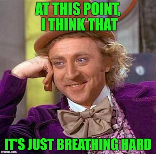 Creepy Condescending Wonka Meme | AT THIS POINT, I THINK THAT IT'S JUST BREATHING HARD | image tagged in memes,creepy condescending wonka | made w/ Imgflip meme maker