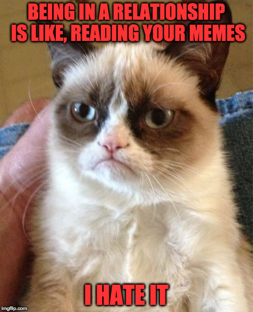 grumpy cat reeeeally likes your memes... /:-1 | BEING IN A RELATIONSHIP IS LIKE, READING YOUR MEMES; I HATE IT | image tagged in memes,grumpy cat | made w/ Imgflip meme maker