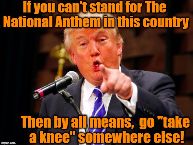 Pick a country.  Any country.  Just not this one, dude! | If you can't stand for The National Anthem in this country; Then by all means,  go "take a knee" somewhere else! | image tagged in trump point | made w/ Imgflip meme maker