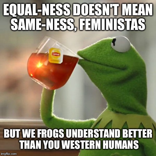 But That's None Of My Business Meme | EQUAL-NESS DOESN'T MEAN SAME-NESS, FEMINISTAS; BUT WE FROGS UNDERSTAND BETTER THAN YOU WESTERN HUMANS | image tagged in memes,but thats none of my business,kermit the frog | made w/ Imgflip meme maker