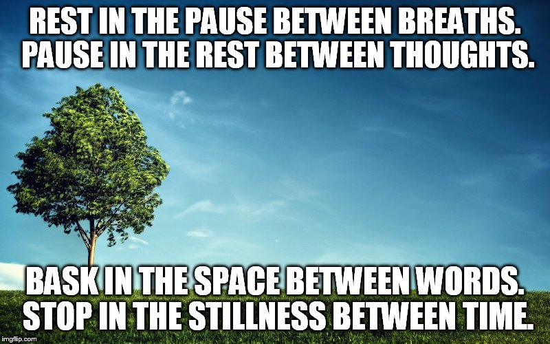 REST IN THE PAUSE BETWEEN BREATHS. PAUSE IN THE REST BETWEEN THOUGHTS. BASK IN THE SPACE BETWEEN WORDS. STOP IN THE STILLNESS BETWEEN TIME. | image tagged in breathe | made w/ Imgflip meme maker