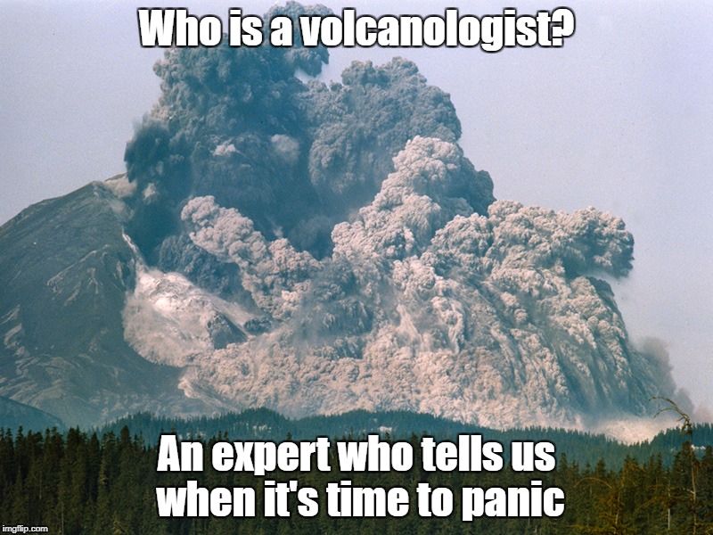 Who is a volcanologist? An expert who tells us when it's time to panic | image tagged in volcano,expert | made w/ Imgflip meme maker
