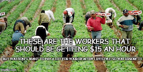 Migrant Living Wage | THESE ARE THE WORKERS THAT SHOULD BE GETTING $15 AN HOUR; BUT YOU DON'T WANT TO PAY A LOT FOR YOUR HEALTHY LIFESTYLE SO YOU IGNORE IT | image tagged in living wage,minimum wage,vegan,immigrants | made w/ Imgflip meme maker