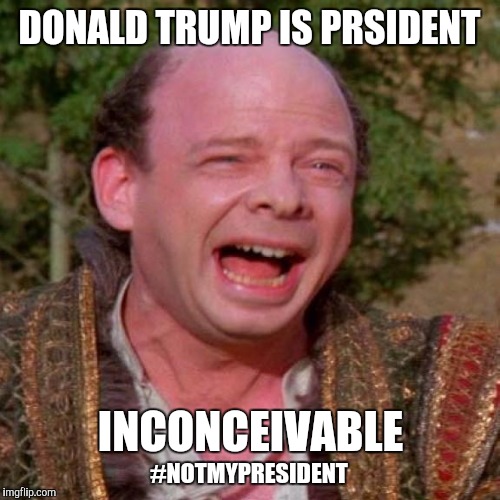 Almost a year after the election liberals still refuse to accept the results | DONALD TRUMP IS PRSIDENT; INCONCEIVABLE; #NOTMYPRESIDENT | image tagged in inconceivable vizzini,memes | made w/ Imgflip meme maker