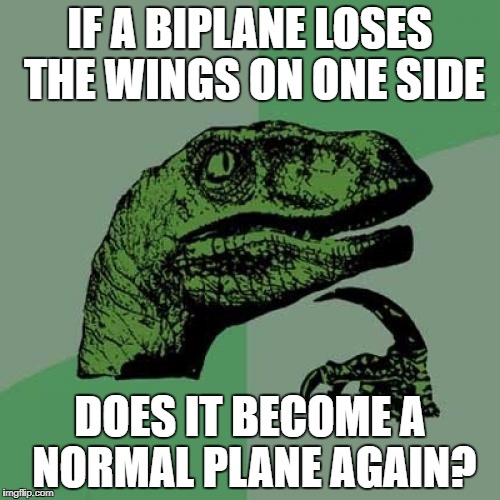 Philosoraptor Meme | IF A BIPLANE LOSES THE WINGS ON ONE SIDE; DOES IT BECOME A NORMAL PLANE AGAIN? | image tagged in memes,philosoraptor | made w/ Imgflip meme maker