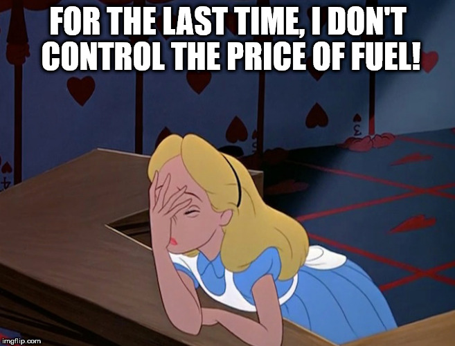Alice in Wonderland Face Palm Facepalm | FOR THE LAST TIME, I DON'T CONTROL THE PRICE OF FUEL! | image tagged in alice in wonderland face palm facepalm | made w/ Imgflip meme maker