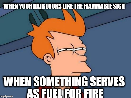Futurama Fry Meme | WHEN YOUR HAIR LOOKS LIKE THE FLAMMABLE SIGN; WHEN SOMETHING SERVES AS FUEL FOR FIRE | image tagged in memes,futurama fry | made w/ Imgflip meme maker