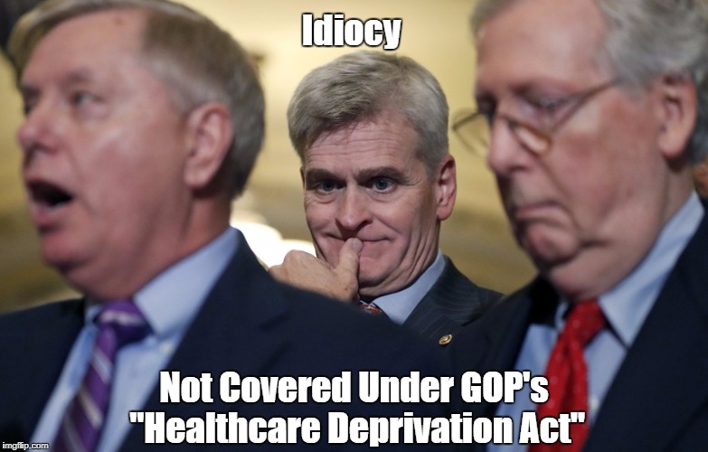 "Republican Senator Bill Cassidy, Dimwit Addlepate" | Idiocy; Not Covered Under GOP's "Healthcare Deprivation Act" | image tagged in trumpcare,abomicare,the gop's healthcare deprivation bill,graham-cassidy bill,this time the death panels are real | made w/ Imgflip meme maker