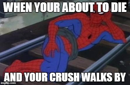When Your About to die | WHEN YOUR ABOUT TO DIE; AND YOUR CRUSH WALKS BY | image tagged in memes,sexy railroad spiderman,spiderman | made w/ Imgflip meme maker
