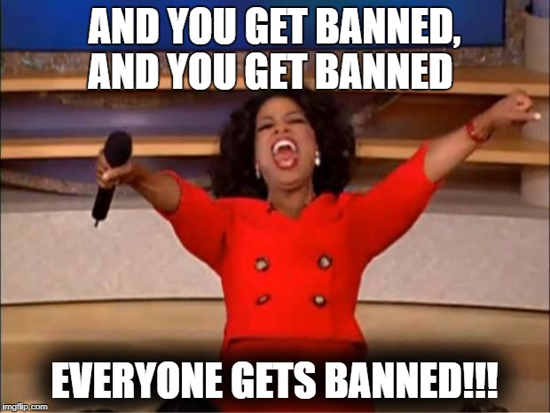 Oprah You Get A Meme | AND YOU GET BANNED, AND YOU
GET BANNED; EVERYONE GETS BANNED!!! | image tagged in memes,oprah you get a | made w/ Imgflip meme maker