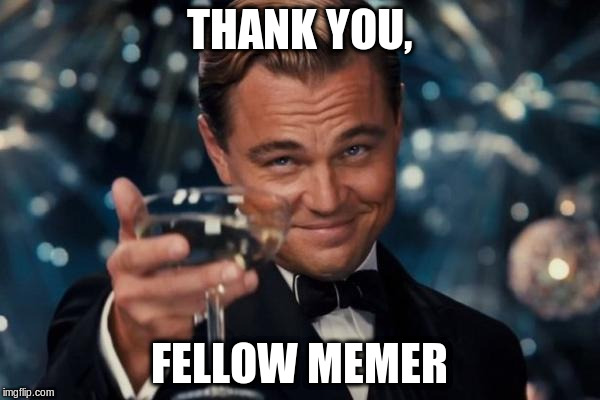 Leonardo Dicaprio Cheers Meme | THANK YOU, FELLOW MEMER | image tagged in memes,leonardo dicaprio cheers | made w/ Imgflip meme maker