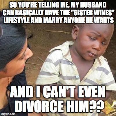So You're Telling Me | SO YOU'RE TELLING ME, MY HUSBAND CAN BASICALLY HAVE THE "SISTER WIVES" LIFESTYLE AND MARRY ANYONE HE WANTS; AND I CAN'T EVEN DIVORCE HIM?? | image tagged in so you're telling me | made w/ Imgflip meme maker