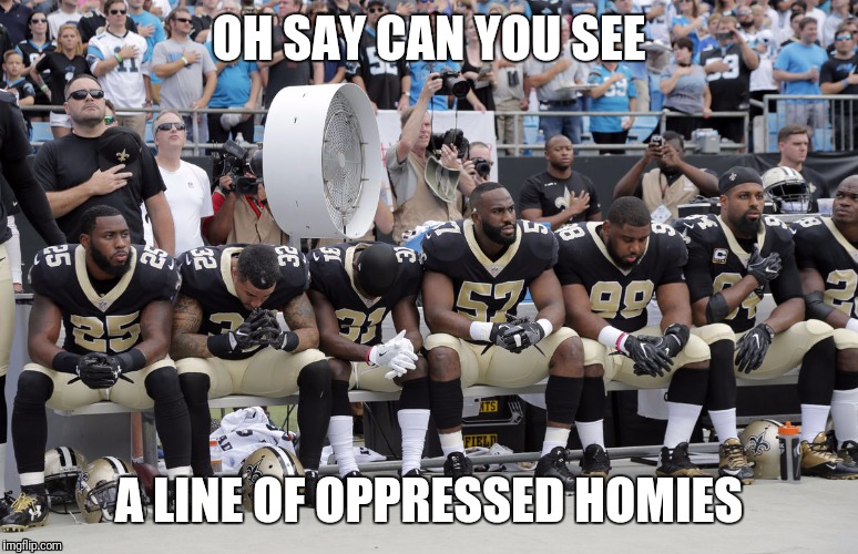Oppressed righttttttt  |  OH SAY CAN YOU SEE; A LINE OF OPPRESSED HOMIES | image tagged in nfl memes,new orleans,carolina panthers | made w/ Imgflip meme maker