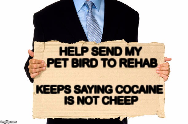 Cheep Rehab | HELP SEND MY    PET BIRD TO REHAB; KEEPS SAYING COCAINE IS NOT CHEEP | image tagged in cardboard,and here's your change,streets | made w/ Imgflip meme maker