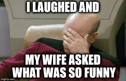 Captain Picard Facepalm Meme | I LAUGHED AND MY WIFE ASKED WHAT WAS SO FUNNY | image tagged in memes,captain picard facepalm | made w/ Imgflip meme maker