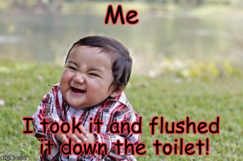 Evil Toddler Meme | Me I took it and flushed it down the toilet! | image tagged in memes,evil toddler | made w/ Imgflip meme maker