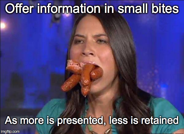 Mouth Full | Offer information in small bites; As more is presented, less is retained | image tagged in mouth full | made w/ Imgflip meme maker