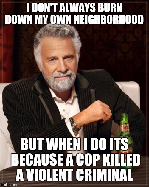 The Most Interesting Man In The World Meme | I DON'T ALWAYS BURN DOWN MY OWN NEIGHBORHOOD; BUT WHEN I DO ITS BECAUSE A COP KILLED A VIOLENT CRIMINAL | image tagged in memes,the most interesting man in the world | made w/ Imgflip meme maker