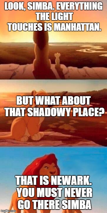 Everything the Light Touches | LOOK, SIMBA. EVERYTHING THE LIGHT TOUCHES IS MANHATTAN. BUT WHAT ABOUT THAT SHADOWY PLACE? THAT IS NEWARK. YOU MUST NEVER GO THERE SIMBA | image tagged in everything the light touches | made w/ Imgflip meme maker