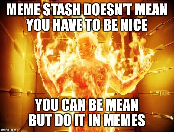 flame on | MEME STASH DOESN'T MEAN YOU HAVE TO BE NICE; YOU CAN BE MEAN BUT DO IT IN MEMES | image tagged in flame on | made w/ Imgflip meme maker