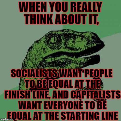 Philosoraptor | WHEN YOU REALLY THINK ABOUT IT, SOCIALISTS WANT PEOPLE TO BE EQUAL AT THE FINISH LINE, AND CAPITALISTS WANT EVERYONE TO BE EQUAL AT THE STARTING LINE | image tagged in memes,philosoraptor | made w/ Imgflip meme maker