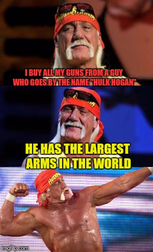 Bad Pun Hogan | I BUY ALL MY GUNS FROM A GUY WHO GOES BY THE NAME "HULK HOGAN"; HE HAS THE LARGEST ARMS IN THE WORLD | image tagged in bad pun hogan,bad pun,funny memes | made w/ Imgflip meme maker
