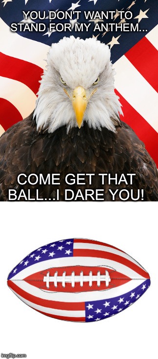 I'm all American  | YOU DON'T WANT TO STAND FOR MY ANTHEM... COME GET THAT BALL...I DARE YOU! | image tagged in bald eagle | made w/ Imgflip meme maker