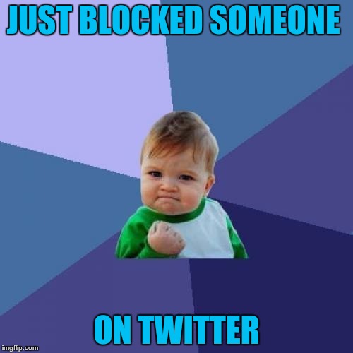 This was one of those pesky spam accounts :) | JUST BLOCKED SOMEONE; ON TWITTER | image tagged in memes,success kid,twitter,blocked | made w/ Imgflip meme maker