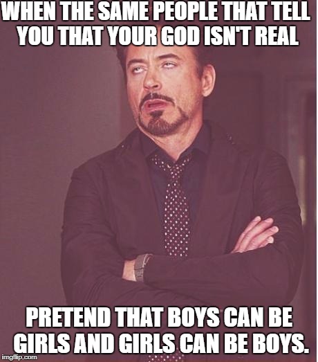 Face You Make Robert Downey Jr | WHEN THE SAME PEOPLE THAT TELL YOU THAT YOUR GOD ISN'T REAL; PRETEND THAT BOYS CAN BE GIRLS AND GIRLS CAN BE BOYS. | image tagged in memes,face you make robert downey jr,transgender | made w/ Imgflip meme maker