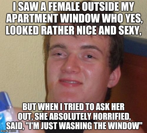 Good point. | I SAW A FEMALE OUTSIDE MY APARTMENT WINDOW WHO YES, LOOKED RATHER NICE AND SEXY, BUT WHEN I TRIED TO ASK HER OUT, SHE ABSOLUTELY HORRIFIED, SAID, "I'M JUST WASHING THE WINDOW" | image tagged in memes,10 guy | made w/ Imgflip meme maker