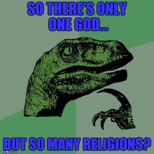 THIS is something i think he'd actually study | SO THERE'S ONLY ONE GOD... BUT SO MANY RELIGIONS? | image tagged in memes,philosoraptor | made w/ Imgflip meme maker