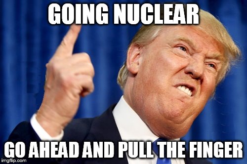 GOING NUCLEAR; GO AHEAD AND PULL THE FINGER | image tagged in donald trump | made w/ Imgflip meme maker