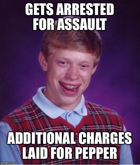 Bad Luck Brian Meme | GETS ARRESTED FOR ASSAULT ADDITIONAL CHARGES LAID FOR PEPPER | image tagged in memes,bad luck brian | made w/ Imgflip meme maker