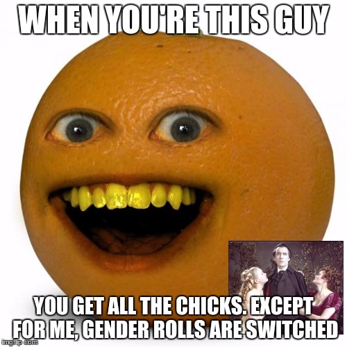 I get all the guys | WHEN YOU'RE THIS GUY; YOU GET ALL THE CHICKS. EXCEPT FOR ME, GENDER ROLLS ARE SWITCHED | image tagged in annoying orange,pimp dracula | made w/ Imgflip meme maker