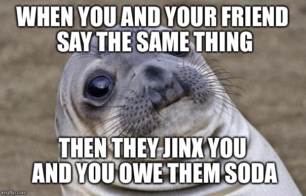 Awkward Moment Sealion Meme | WHEN YOU AND YOUR FRIEND SAY THE SAME THING; THEN THEY JINX YOU AND YOU OWE THEM SODA | image tagged in memes,awkward moment sealion | made w/ Imgflip meme maker