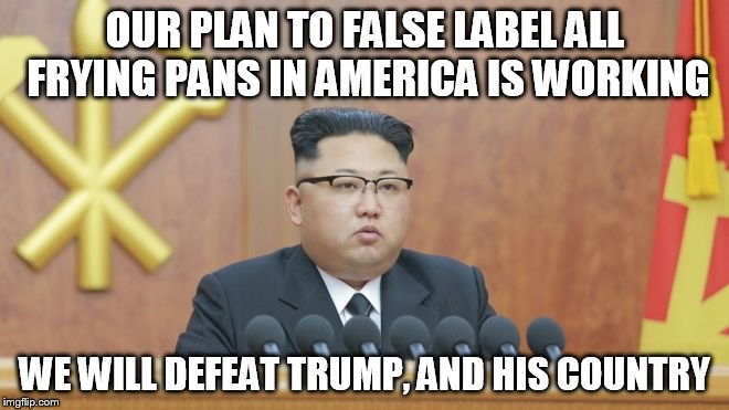 OUR PLAN TO FALSE LABEL ALL FRYING PANS IN AMERICA IS WORKING WE WILL DEFEAT TRUMP, AND HIS COUNTRY | made w/ Imgflip meme maker