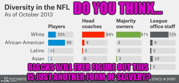 So basically, NFL is just white owners picking their best stock of blacks to make money for them. | DO YOU THINK... BLACKS WILL EVER FIGURE OUT THIS IS JUST ANOTHER FORM OF SLAVERY? | image tagged in funny,nfl,black slavery,hunger games | made w/ Imgflip meme maker