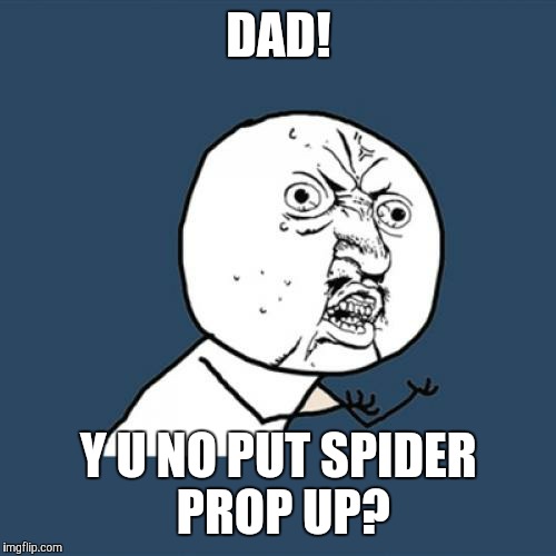 DAD! Y U NO PUT SPIDER PROP UP? | image tagged in memes,y u no | made w/ Imgflip meme maker