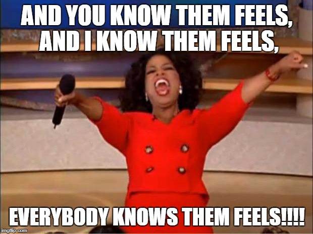 Oprah You Get A Meme | AND YOU KNOW THEM FEELS, AND I KNOW THEM FEELS, EVERYBODY KNOWS THEM FEELS!!!! | image tagged in memes,oprah you get a | made w/ Imgflip meme maker