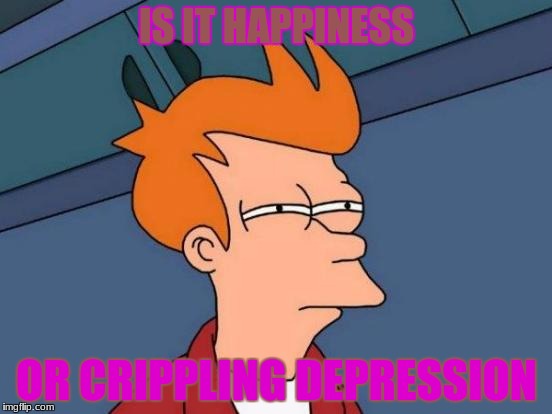 Futurama Fry Meme | IS IT HAPPINESS; OR CRIPPLING DEPRESSION | image tagged in memes,futurama fry | made w/ Imgflip meme maker